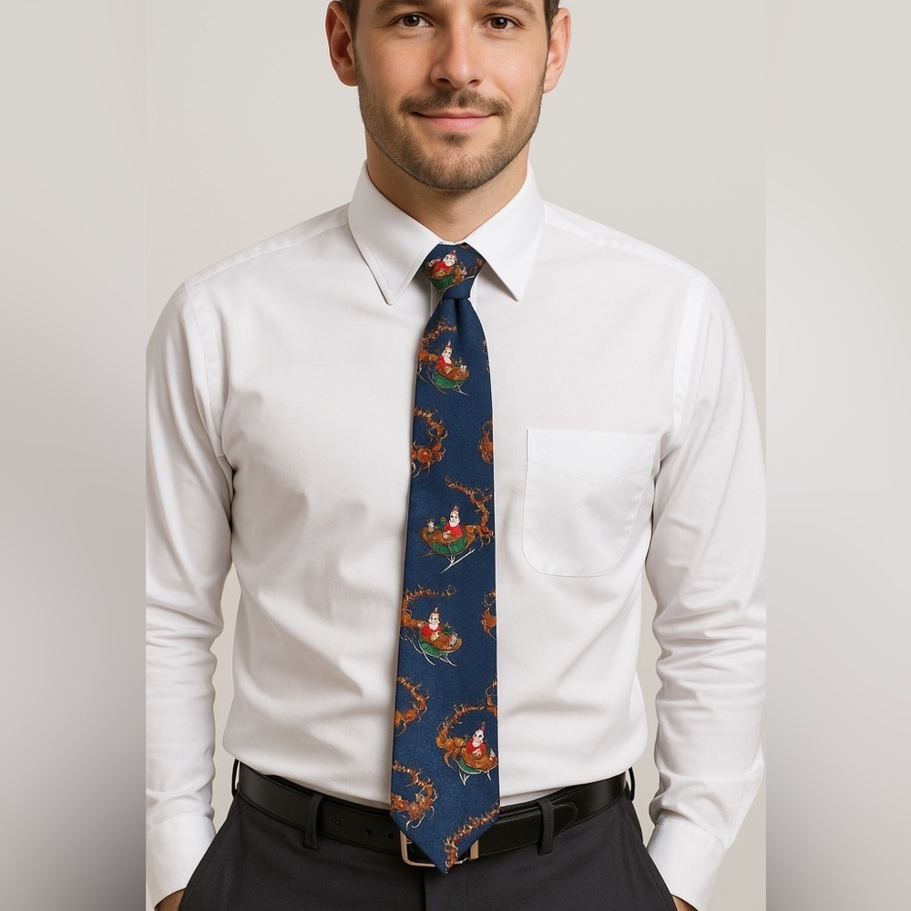 Santa & Reindeer Christmas Silk Tie – Made in USA 🎁